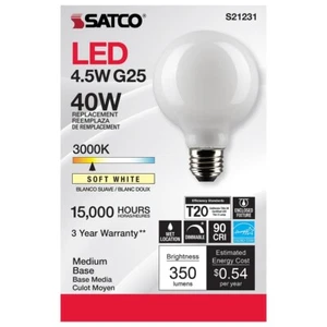 SATCO S21231- 4.5 Watt G25 LED Candelabra Bulb - 3000K - 120 Volts (6 Pack) - Picture 1 of 6