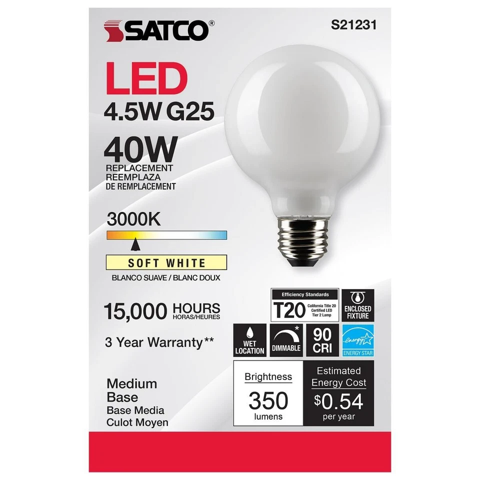 SATCO S21231- 4.5 Watt G25 LED Candelabra Bulb - 3000K - 120 Volts (6 Pack) - Image 1 of 4