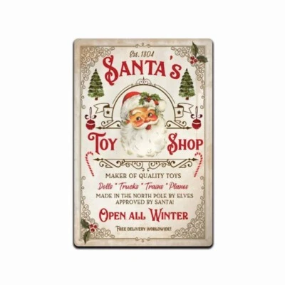 SANTA CLAUS WORK SHOP  TIN SIGN 1950 VINTAGE REPLICA CHRISTMAS METAL POSTER - Image 1 of 4