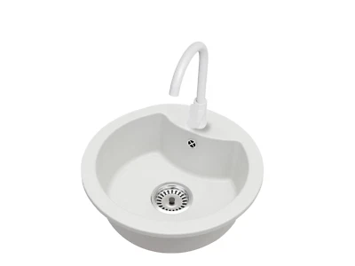 BRADO Runde Mila-Spüle aus weißem Granit mit Küchenarmatur und verchromtem Siphon