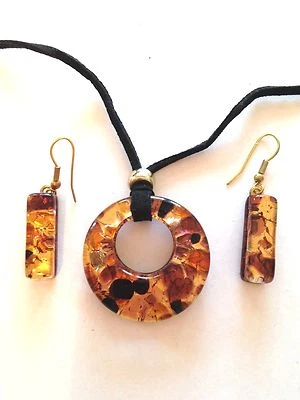 AMBER GOLD  AUTHENTIC VENETIAN MURANO GLASS NECKLACE EARRINGS JEWELRY SET 11MG — 第 1/3 张图片
