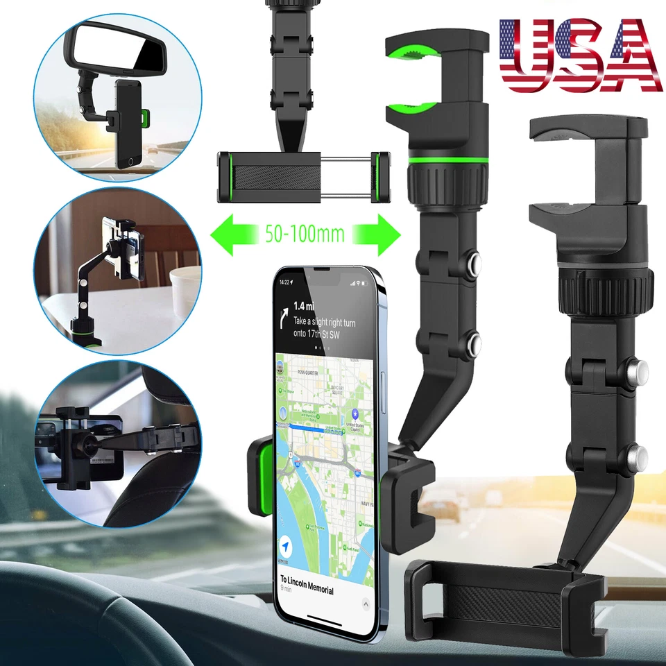 Adjustable 360 Rotation Phone Holder Car Rearview Mirror Multifunction Mount US - Image 1 of 4