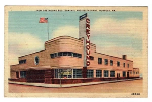 Cartolina di lino Greyhound Bus Terminal e ristorante Norfolk Virginia VA - Foto 1 di 2