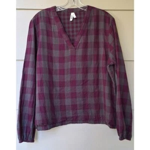 Pact Organic Cotton V neck Checkered Popover Long Sleeves Top Blouse L Purple - Picture 1 of 6