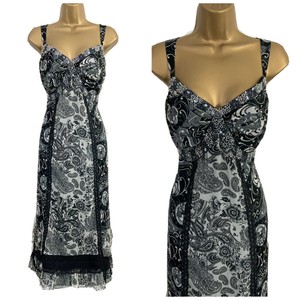 PER UNA UK 16L BLACK GREY BEADED MIDI DRESS CRUISE OCCASION