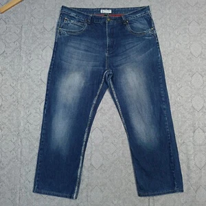 Chisel Jeans Mens 42 x 29.5 Blue Baggy Stretch Denim Distressed Straight Leg - Picture 1 of 17