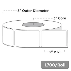 2" x 3" x 1700 Labels, White Gloss BOPP Roll Inkjet Labels, 3" Core, Blank - Picture 1 of 3