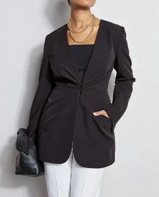 $395 ELIE TAHARI Pleat Detail Blazer Jacket 12 Noir Black - Image 1 of 4