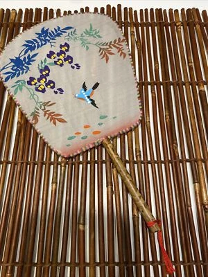 复古中国艺妓扇子~脸屏~手绘~竹柄~鸟~中国 — 第 1/4 张图片