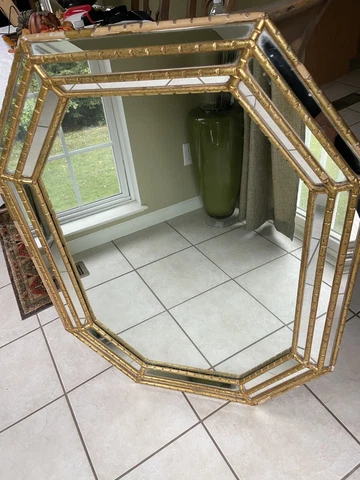 Vtg LaBarge Mirror Faux Bamboo Octagon Gold Gilt Wood Hollywood Regency Italian Cover