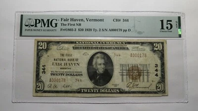 $20 1929 Fair Haven Vermont VT National Currency Bank Note Bill Ch. #344 F15 PMG - Image 1 of 4