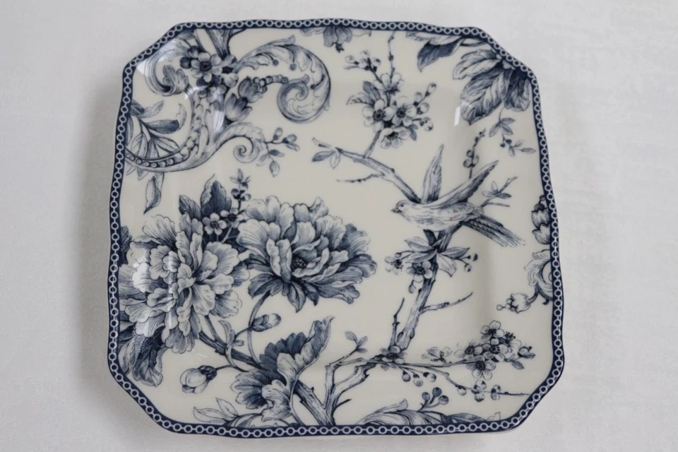 222 FIFTH ADELAIDE BLUE & WHITE FLOWERS BIRDS SQUARE SALAD PLATES -NEW- SET 4 - Image 1 of 1