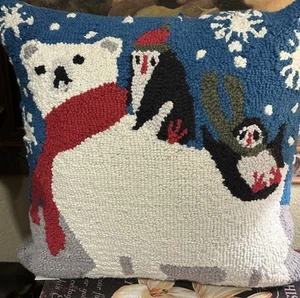 NORTH POLE Trading Co-15” Hooked Pillow-Polar Bear/Penguins - Picture 1 of 4