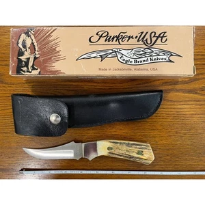 Parker USA Trailing Point Hunting Knife with Stag Handles A175S - Picture 1 of 6