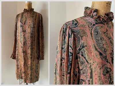 Vintage ‘70s ‘80s Tissue Silk Paisley Print Dress Gold Threads India Ruffled S/M - Image 1 of 4