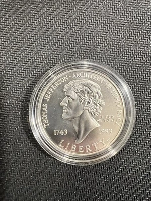 1993-P UNC Thomas Jefferson SILVER Dollar, No OGP or COA - Image 1 of 2
