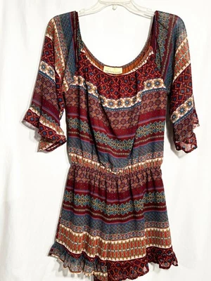 WOMENS SMALL MULTI PRINT LINED 3/4 SLV ELASTIC NECKLINE/WAIST RUFFLE HEM ROMPER - Image 1 of 4