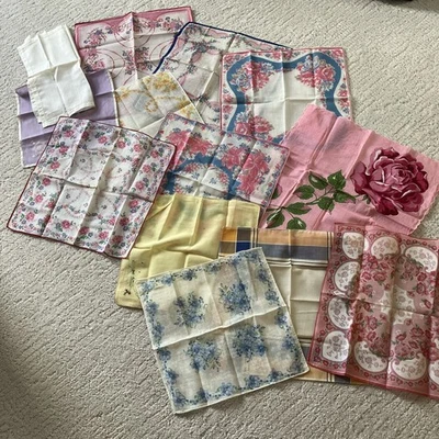 Lot Of 13 Charming Floral Vintage Cotton Hankerchiefs Hankies Pink ESTATE FIND!  - Image 1 of 4