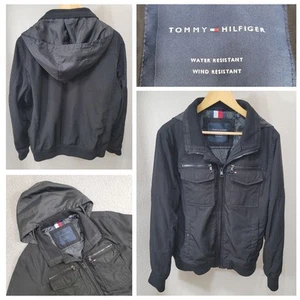 Tommy Hilfiger Performance Bomber Jacket Men's Medium Black Hidden Hood Lined - Picture 1 of 23