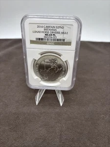 2014 1 OZ plata caballo lunar anverso-mula Britannia S2 libras NGC MS-69-PL - Imagen 1 de 2