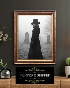 Gothic Woman In Winter Cemetery Victorian Mourning Black And White Graveyard Art - Picture 1 of 5