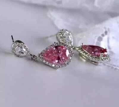 Pink Sapphire 2Ct Pear Lab-Created Drop/Dangle Earring 14K White Gold Plated - Image 1 of 4