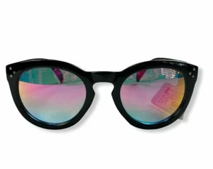 Women's Round Sunglasses with Pink Mirror Lens - Black - 100% UV Protection -S5 - Picture 1 of 2