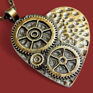 BRONZE CLOCKWORK HEART PENDANT robot love steampunk gear necklace Valentine Z6 - Picture 1 of 3