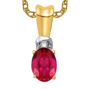 14K Solid Yellow Gold Diamond Oval Ruby Necklace - Picture 1 of 12