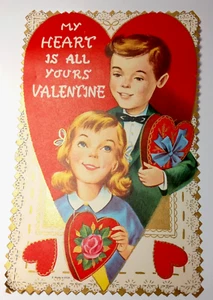 Vintage Valentine Card Heart Boy & Girl Made in USA Die Cut Greeting Card - Picture 1 of 6