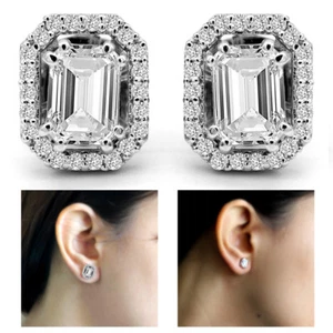 1.25 Karat Smaragdschliff Künstlicher Diamant Austauschbare Halo Ohrring Silber - Bild 1 von 7