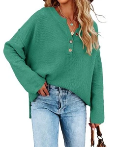 Womens V Neck Oversized Sweater Long Sleeve Button Up Top (Lake Green L) - Picture 1 of 5