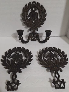 Vtg Monticello Cast Iron 3 Piece Set Candle Holder Trivets Eagle Over Heart - Picture 1 of 8