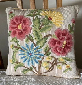 Pier 1 Imports Throw Pillow Embroidered W Beading Stripes Floral design 18”x18” - Picture 1 of 18
