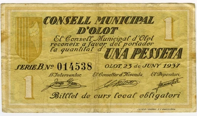# SPAIN CIVIL WAR 1937 • OLOT 1 PESETA MUNICIPAL ☆ GUERRA CIVIL ESPAÑOLA ☆D1588 - Image 1 of 2