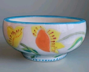 studio pottery bowl signed Bold Yellow/ Orange Flowers W/ Leaves Blue Trim 5" - Picture 1 of 10