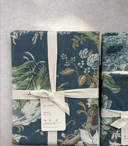 New Pottery Barn DAHLIA FLORAL Full Queen Duvet Cover & 2 Standard Shams Blue - Picture 1 of 4