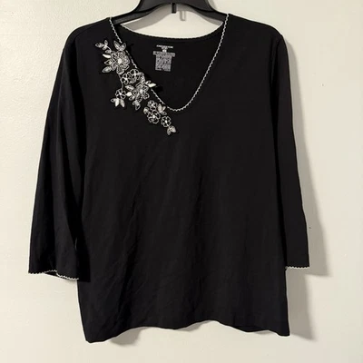 Jones New York Sport Women's Black Cotton Knit Flower Applique Top 1X - Image 1 of 4