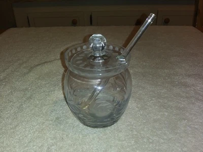Vintage Etched Floral Design Glass Jam / Jelly Condiment Jar with Lid & Spoon - Image 1 of 2