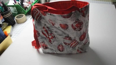 Red Ornaments-Silver Background-Metallic Tote Bag-Machine Quilted-Hand Made - Image 1 of 2