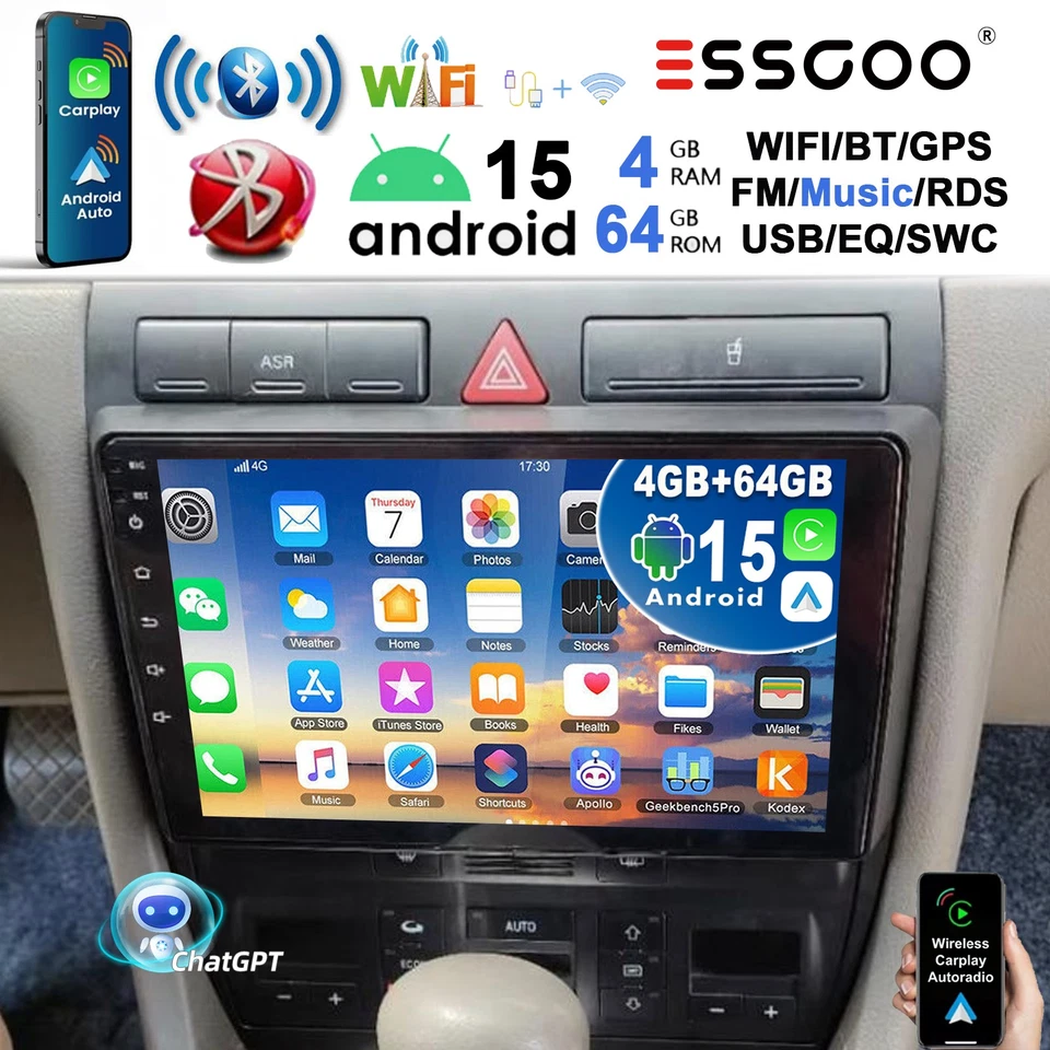 4+64G Carplay Android 15 Autoradio GPS AI Für Audi A6 4B2 4B5 4B6 1997-2005 NAVI - Bild 1 von 4