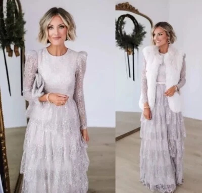 Antonio Melani Born on Fifth SZ 2 Silver Metallic Lace Long Sleeve Tiered Dress - Image 1 of 4