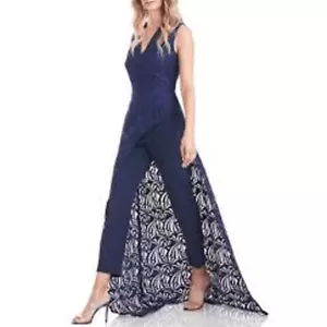 Kay Unger New York Kimora asymmetrischer Jumpsuit blau Spitze Größe 6 - Bild 1 von 15