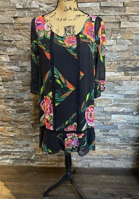 Vestido sin Mangas Anthropologie Y2K MOULINETTE SOEURS Seda Floral Negro Manga 3/4 Med Foto 1 de 4