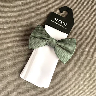 Alfani Men's Pre Tied Solid Geo Bow Tie & Solid Pocket Square Set Green/White - Image 1 of 3