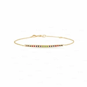 14K Gold Genuine Black Diamond Ruby Emerald Blue Sapphire Bar Chain Bracelet - Picture 1 of 3