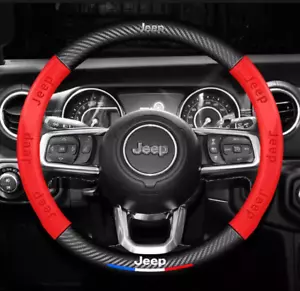 15" PU Leather+Carbon fiber Steering Wheel Cover For 1943-2025 jeep All Cars - Picture 1 of 9