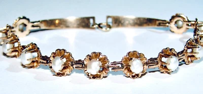 RARE BUTTERCUP SETTING VINTAGE 14K YELLOW GOLD PEARL BRACELET FLOWER 7" 585 10.6 - Image 1 of 4