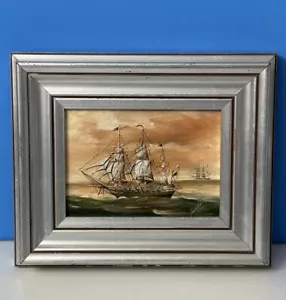 Antique Oil On Board Signed Clipper Schooner Boat Marine Seascape Framed 9x11” - Picture 1 of 14