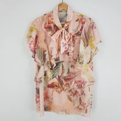 Blusa Cooper Street Mujer Talla 10 Rosa Floral Metálica Manchada Escote Corbata Foto 1 de 4